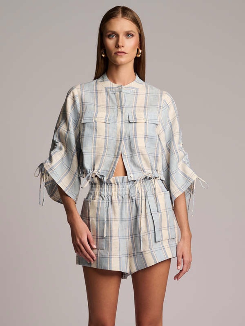 Light Blue Plaid Drawstring Crop Blouse